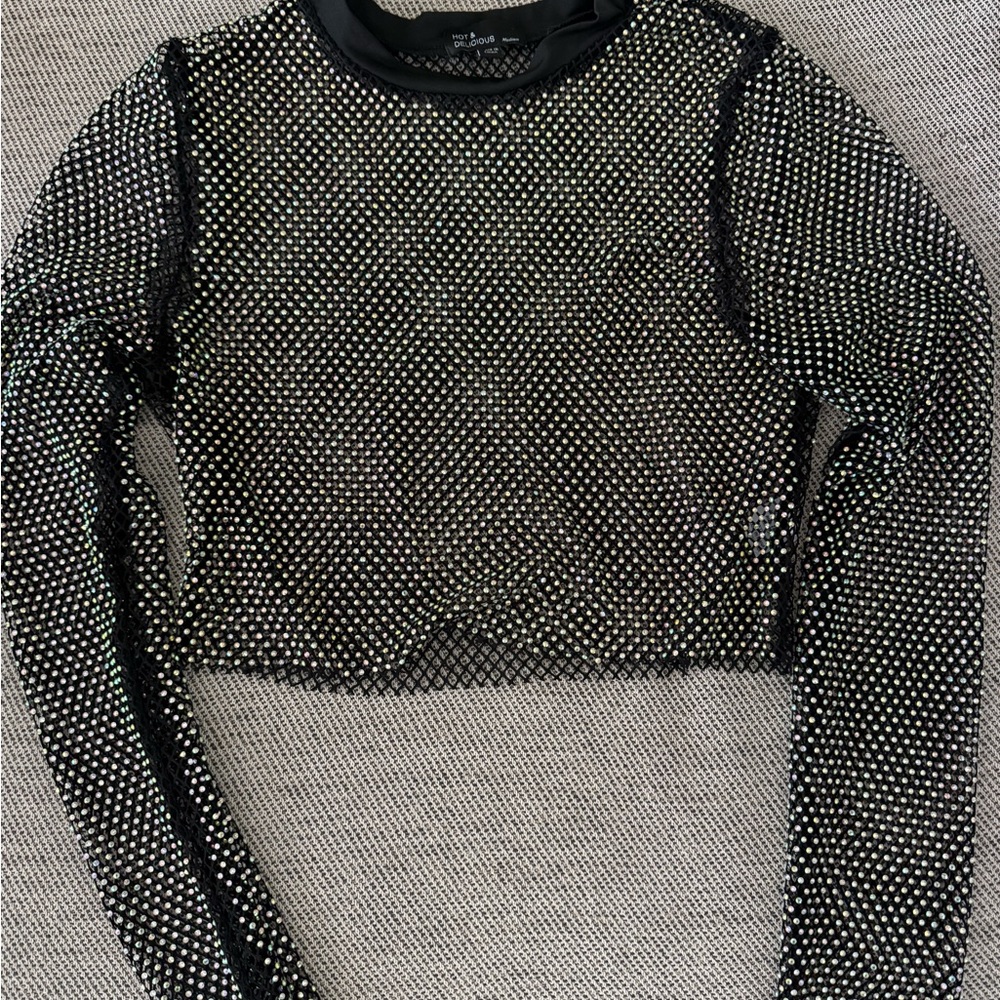 Mesh Sheer Long-Sleeve Crop Top and skirt with rhinestones - size medium
